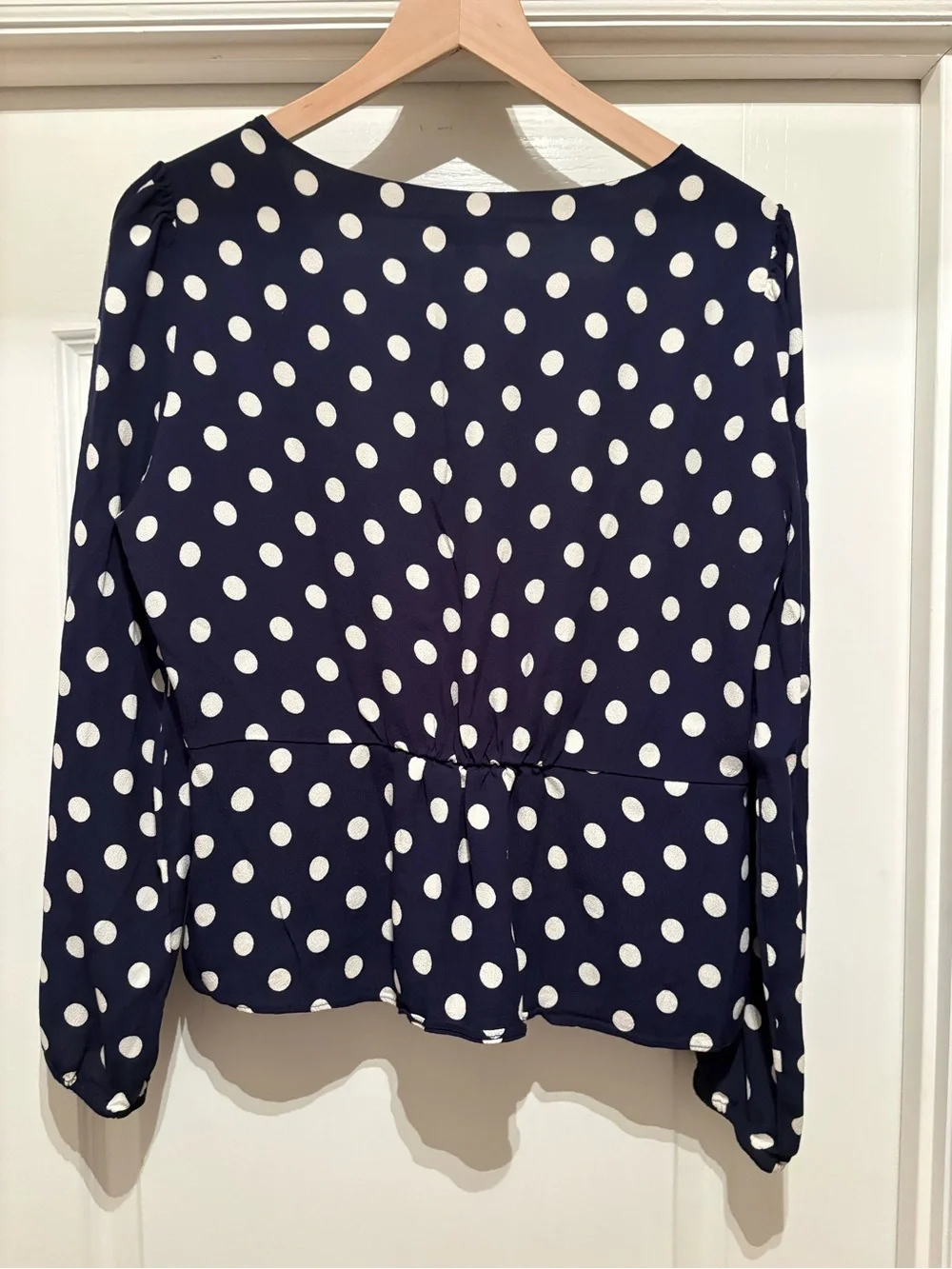 Women’s J. Crew long sleeve peplum top polka dots, button, side zip size 14